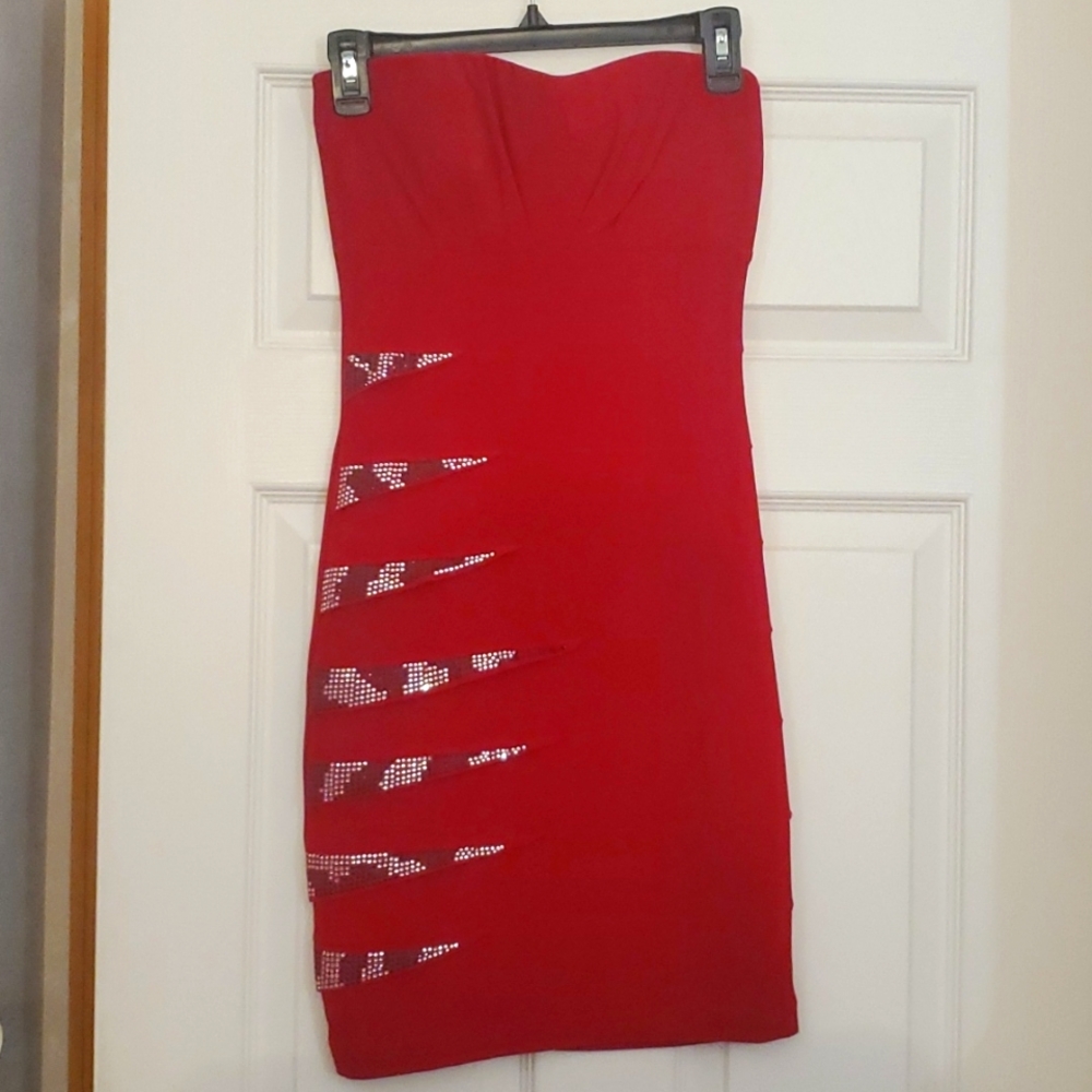 Red strapless sequin dress
